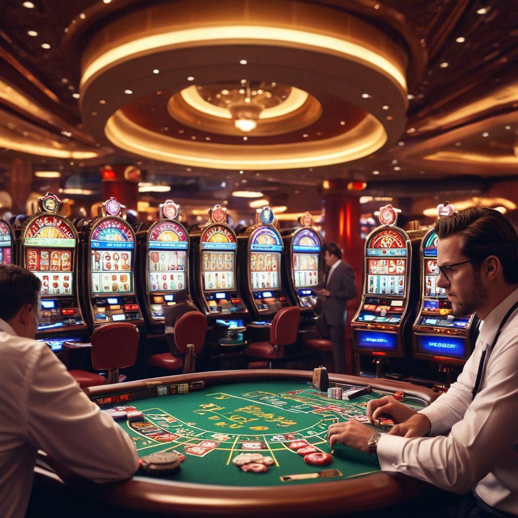 A visually striking scene depicting a casino with vibrant slot machines in the foreground, surrounded by diverse individuals engaging in various gambling activities. Overlay subtle medical symbols like stethoscopes and heartbeats to represent health challenges, while having a thoughtful man examining his choices. Soft lighting enhances the tension of decision-making between gambling and health. super-realistic. vibrant colors. dynamic composition.